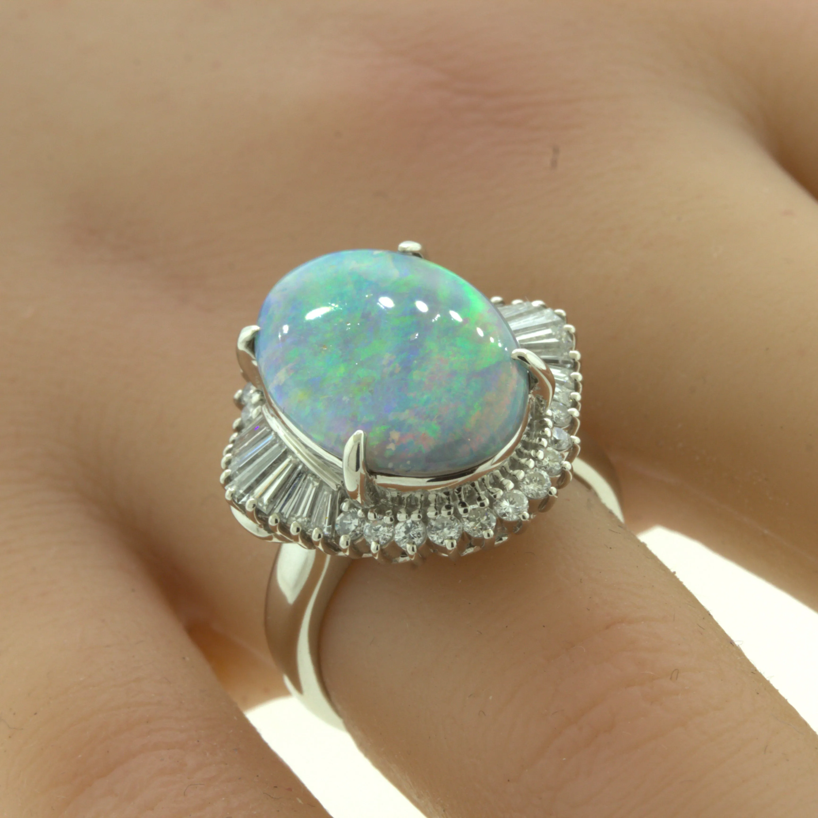 Unique Australian Opal “Double-Color” Diamond Platinum Cocktail Ring