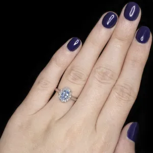 VINTAGE AQUAMARINE DIAMOND HALO COCKTAIL RING 18K WHITE GOLD OVAL SHAPE ESTATE