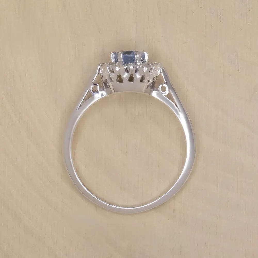 VINTAGE AQUAMARINE DIAMOND HALO COCKTAIL RING 18K WHITE GOLD OVAL SHAPE ESTATE