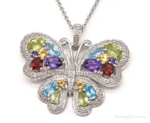 Vintage EA Multi Gemstone Butterfly Sterling Silver Necklace 23"