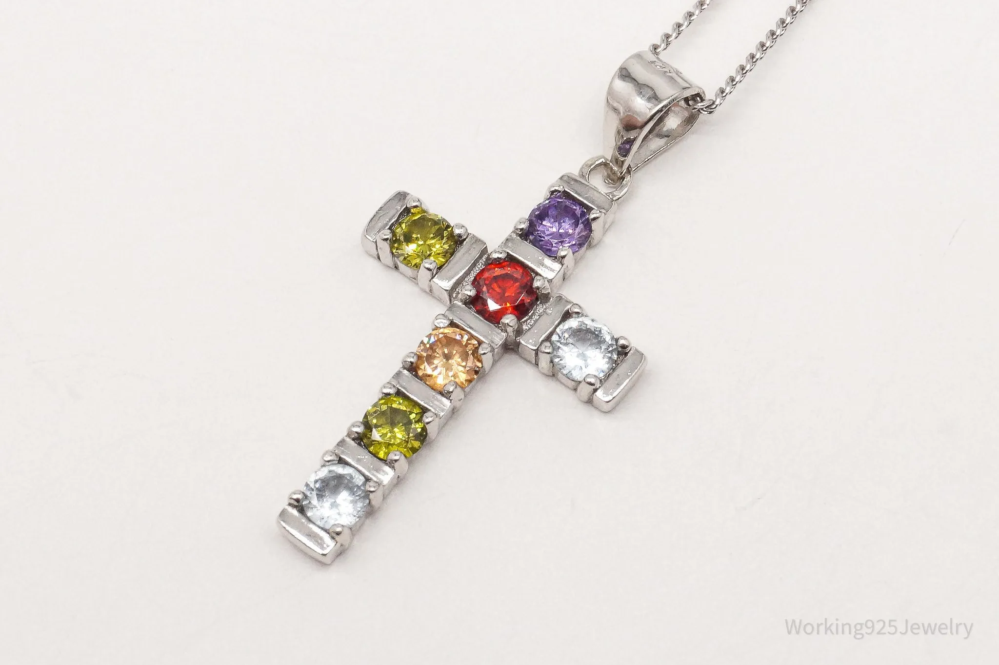 Vintage Multi Gemstone Cross Sterling Silver Necklace 18"