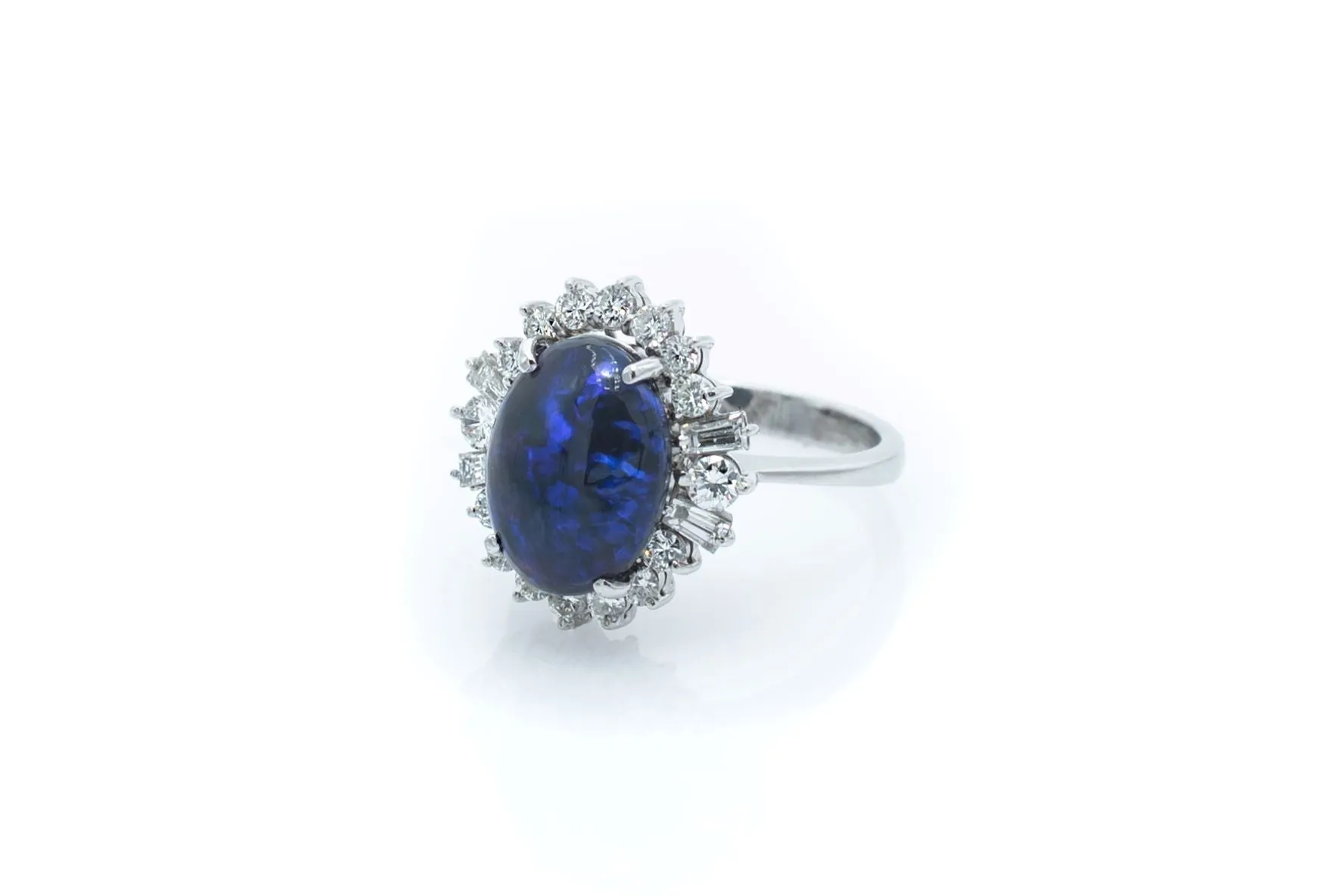 Vintage Platinum Blue Opal and Diamond Halo Ring
