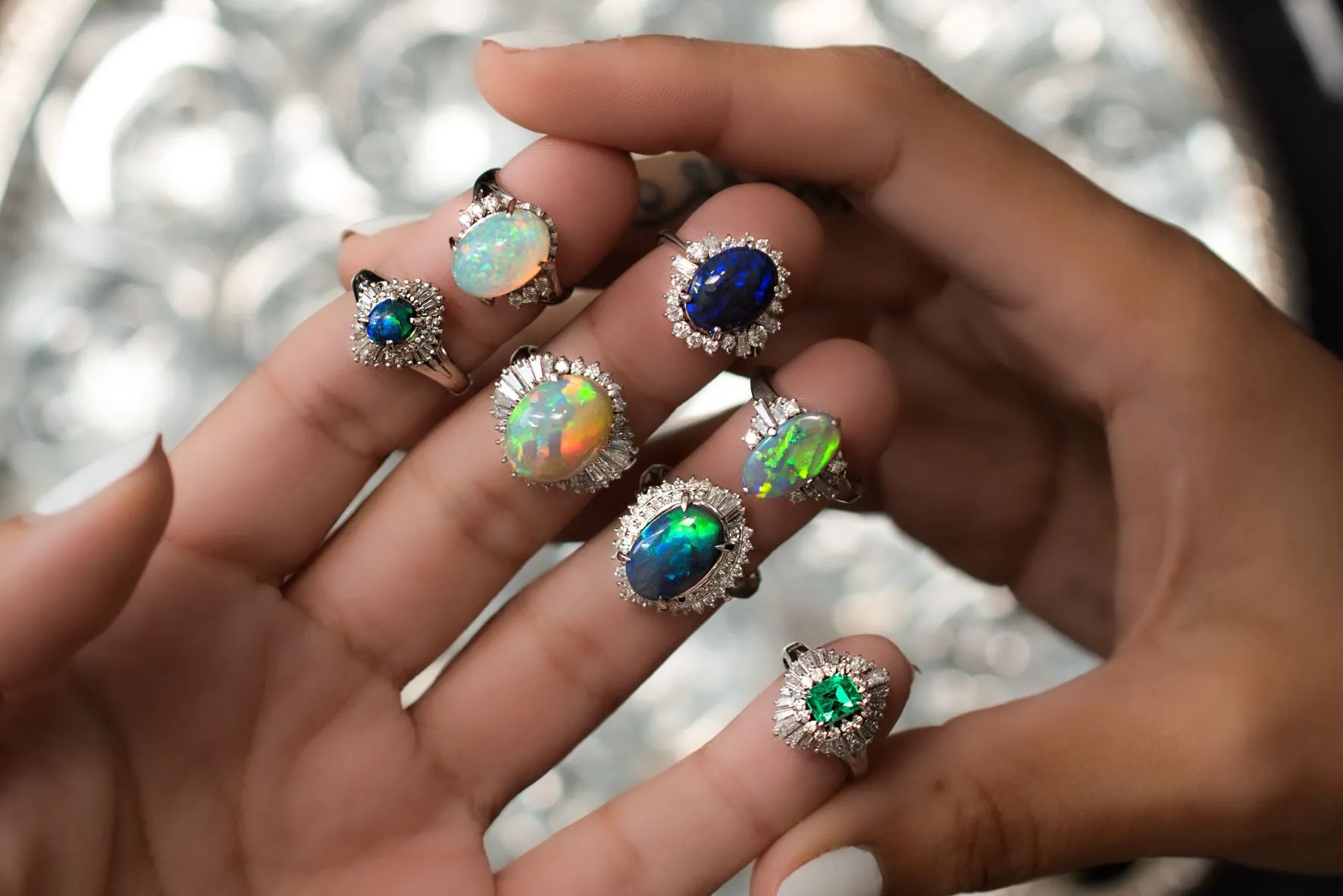 Vintage Platinum Blue Opal and Diamond Halo Ring