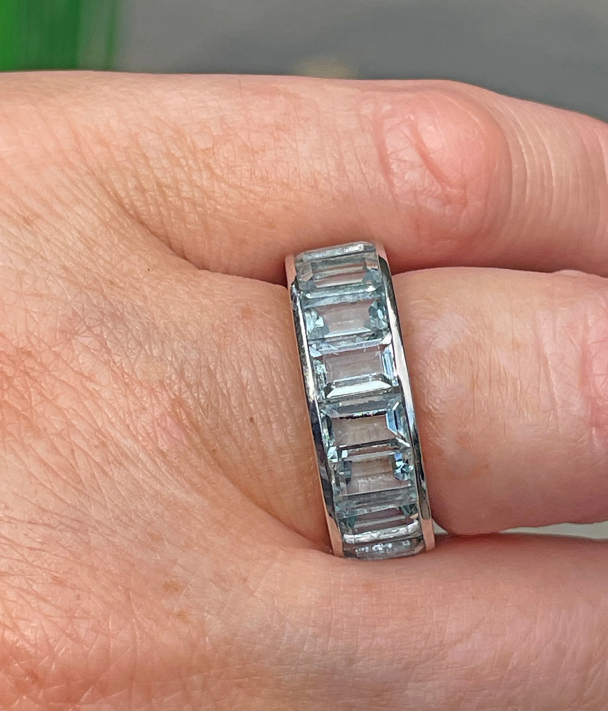 Wide Estate Eternity Aquamarine Wedding Anniversary 14K White Gold Channel Set Band Ring, size 7