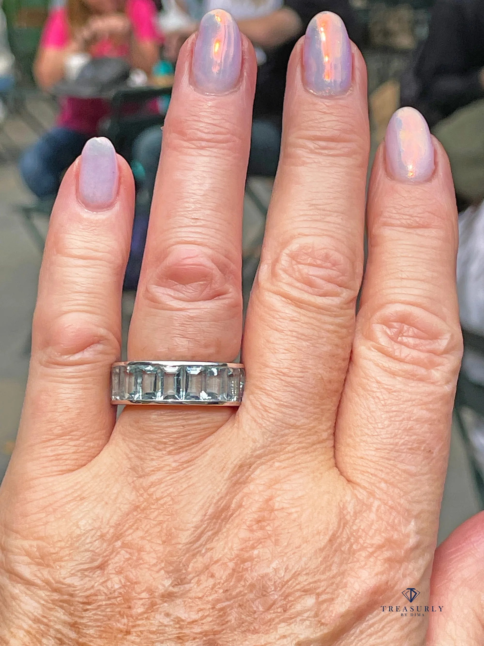 Wide Estate Eternity Aquamarine Wedding Anniversary 14K White Gold Channel Set Band Ring, size 7