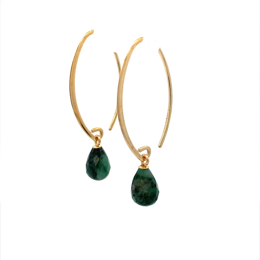 Yellow Gold Emerald Briolette Gemstone Earrings