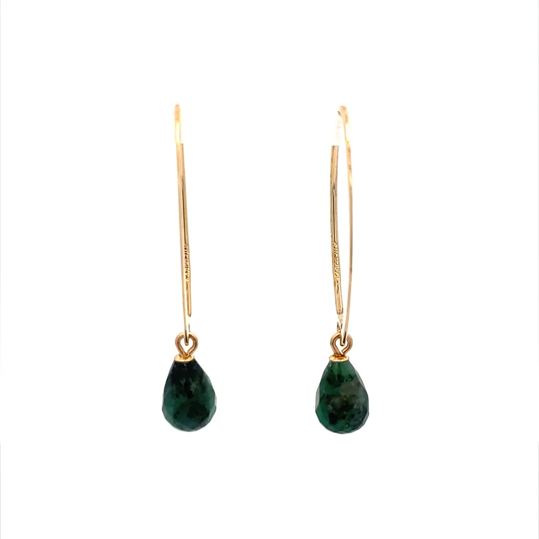 Yellow Gold Emerald Briolette Gemstone Earrings
