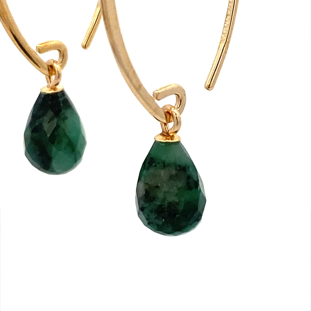 Yellow Gold Emerald Briolette Gemstone Earrings