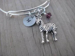 Zebra Charm Bracelet- Adjustable Bangle Bracelet with an Initial Charm and an Accent Bead of your choice